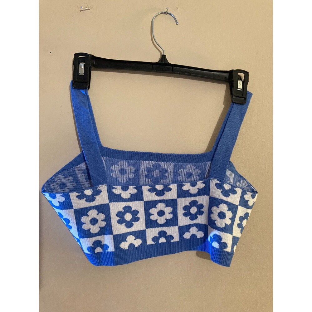 Women's Blue/White Floral Knit Style Spring Break Half Tank Top - size S